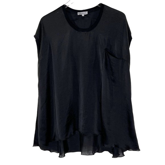 Tutu & Lilli S Black Satin Flowy Tunic Ruffle Hem Short Sleeves Round Neck - Picture 1 of 7